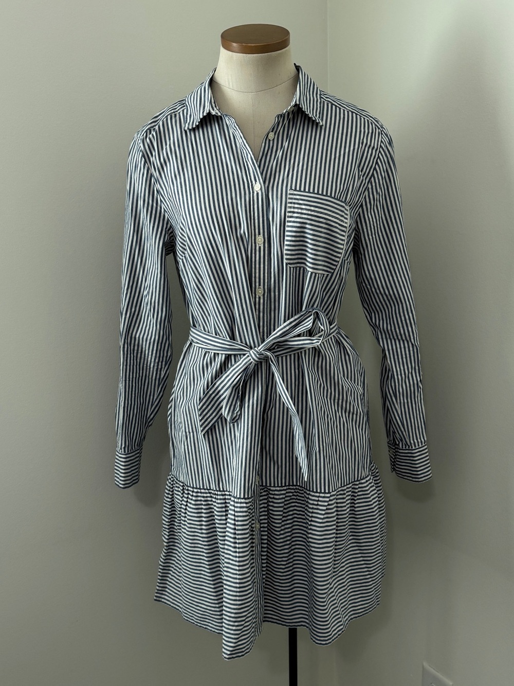 LOFT Small Blue White Stripe Button Long Sleeve Shirt DRESS w/ Belt Cotton Modal